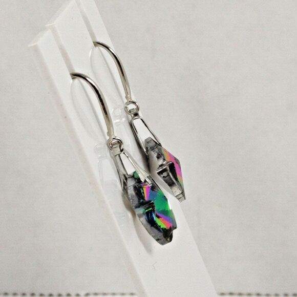 Silver Tone Metal Iridescent Glass Dangle Earrings Teddy Bear Clover Flower - Picture 5 of 11